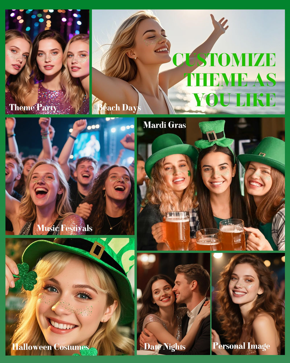 XICZH Face Glitter green tattoos resist water for outdoor celebrations