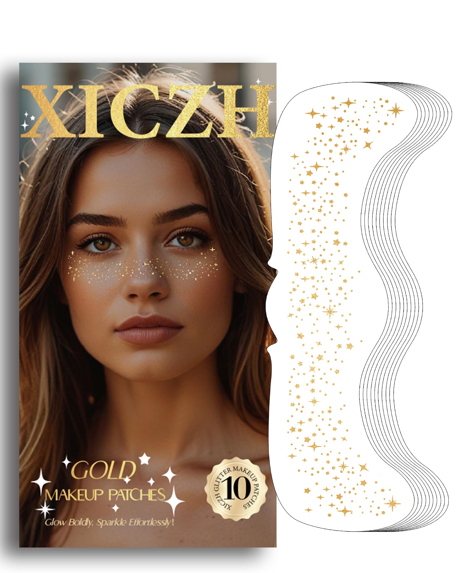Parche dorado de XICZH para la cara, ideal para apariencias festivas.