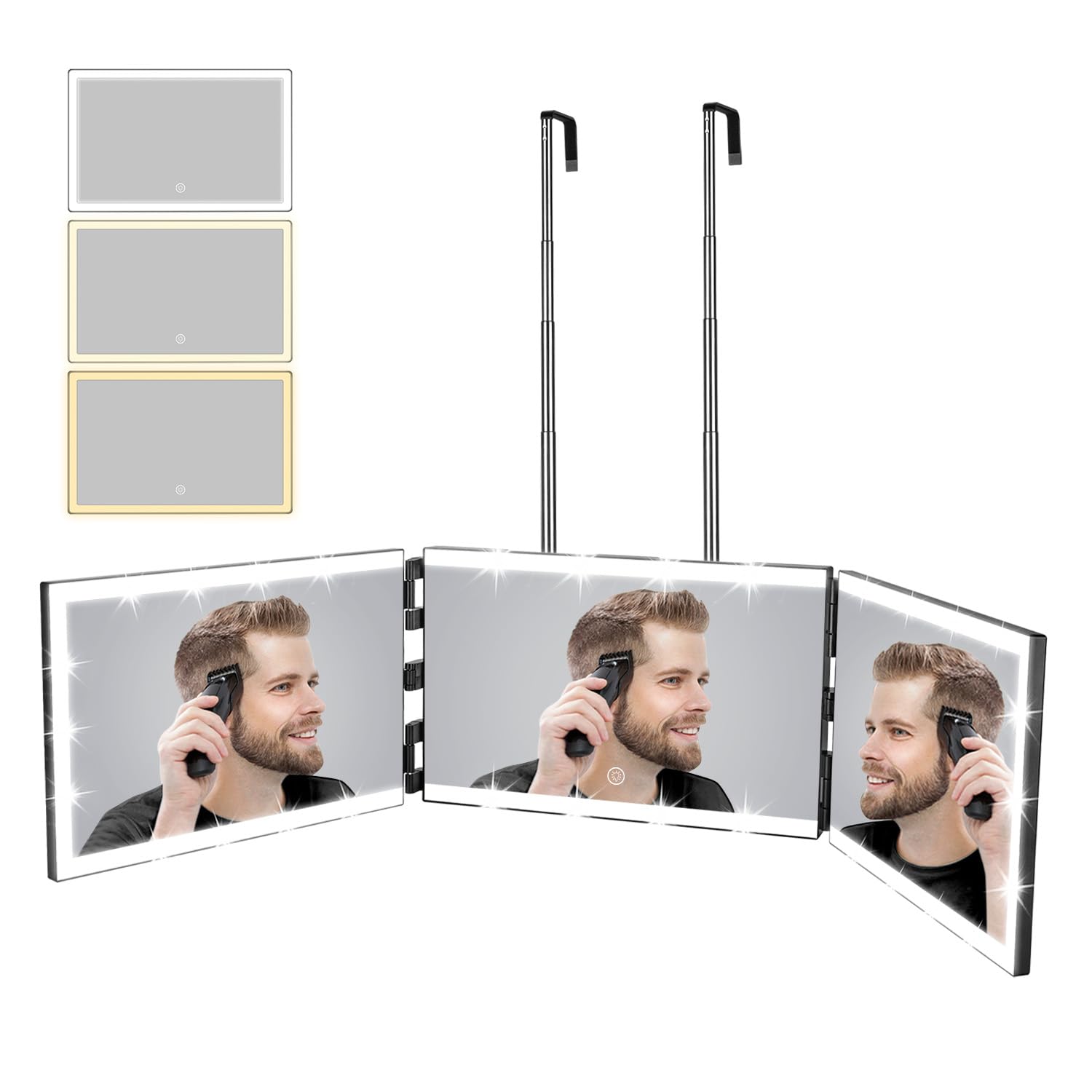 XIGETRAIL rechargeable 3-way mirror with eight light strips for precise grooming.