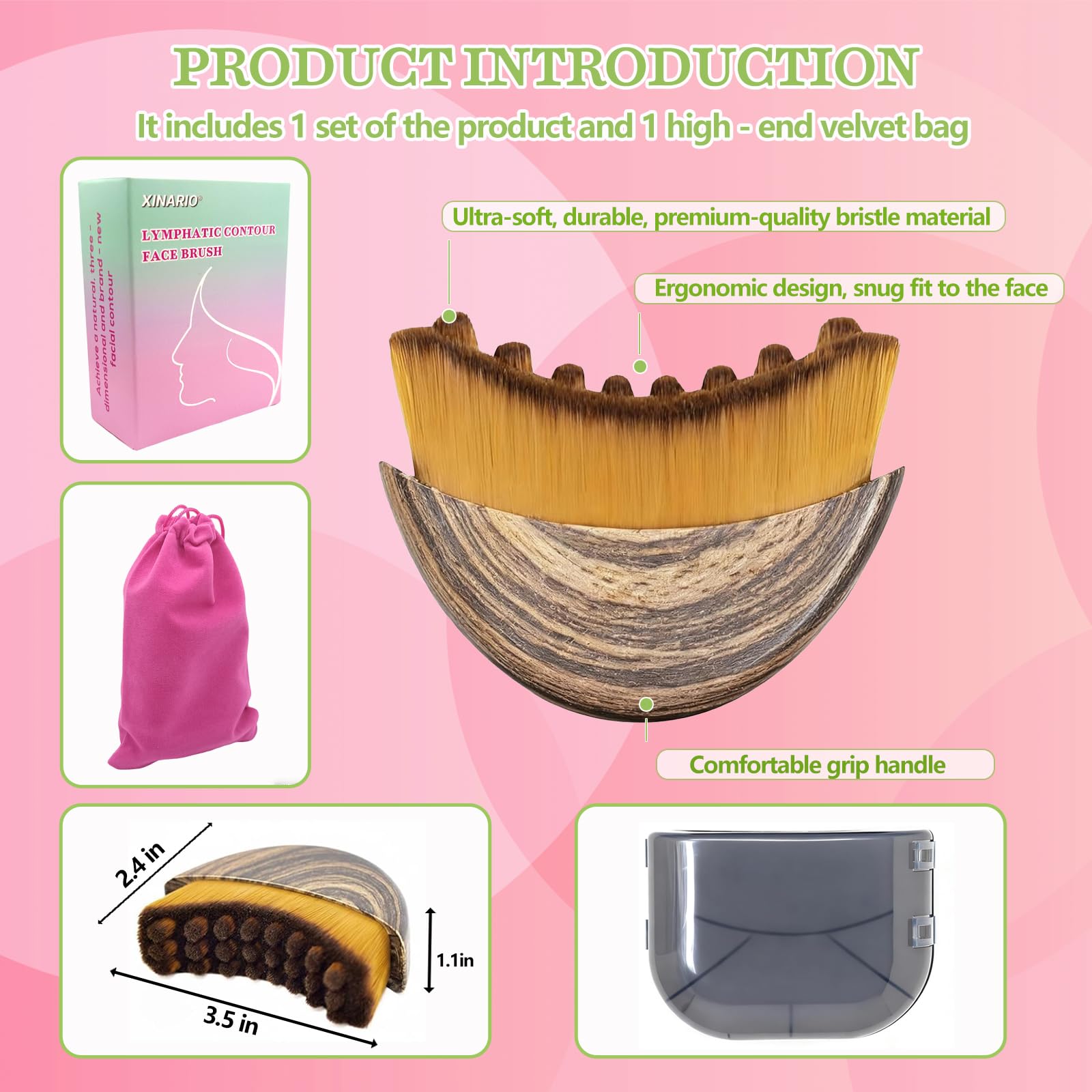 XINARIO Lymphatic Contour Brush ergonomic design fits facial curves for drainage.