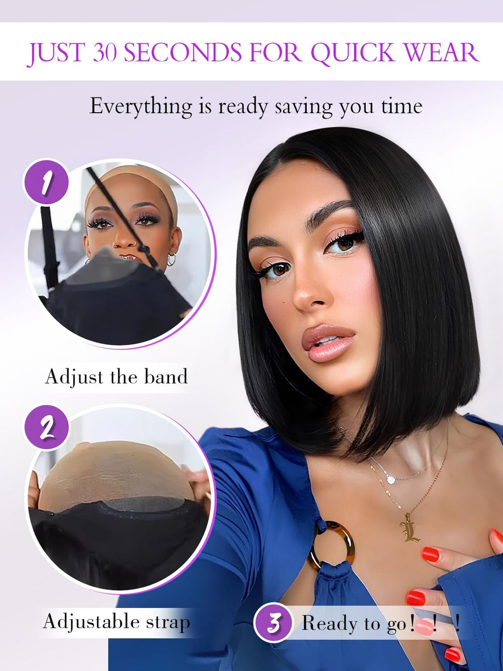 Xinjiju Bob Glueless Wig cap adjustment highlights breathable, comfortable wear.