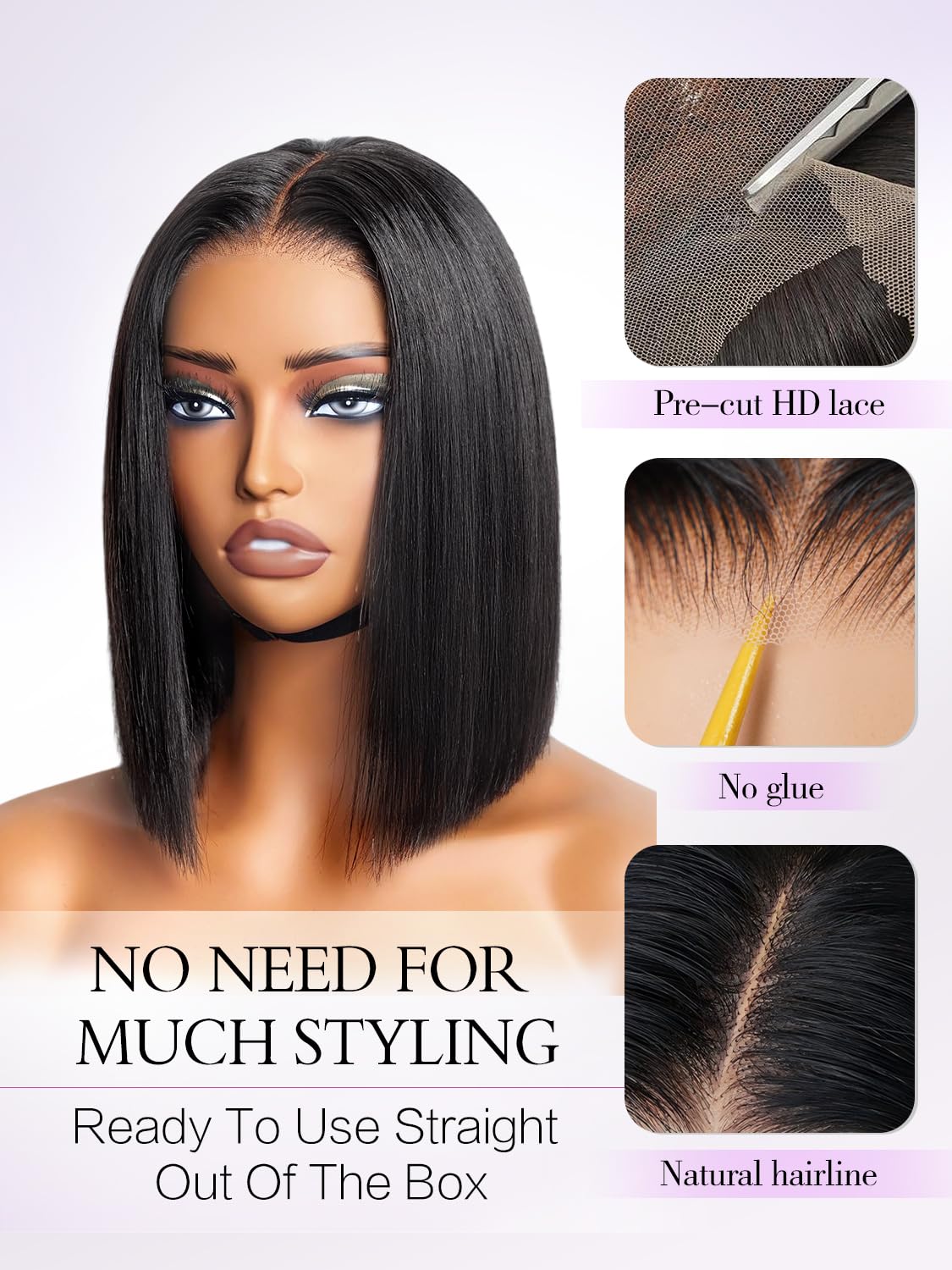 Xinjiju Bob Glueless Wig pre-plucked lace detail enabling easy part styling.