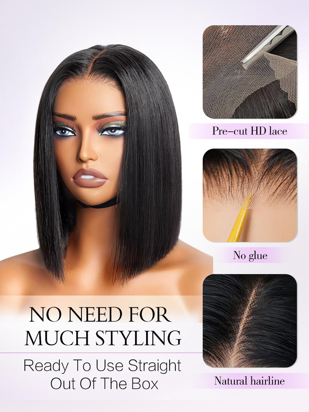 Xinjiju Bob Glueless Wig pre-plucked lace detail enabling easy part styling.