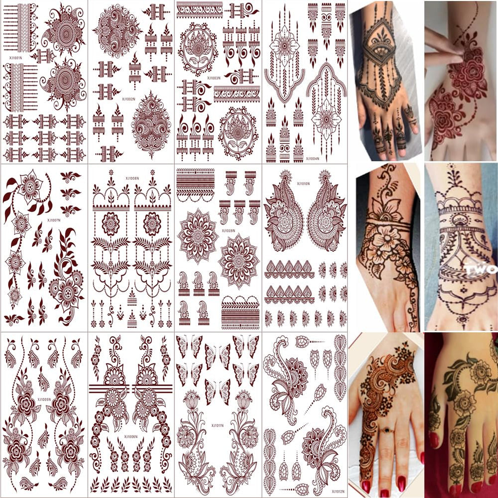 Xmasir 12-sheets henna tattoo pack shown with assorted brown designs for festive wear