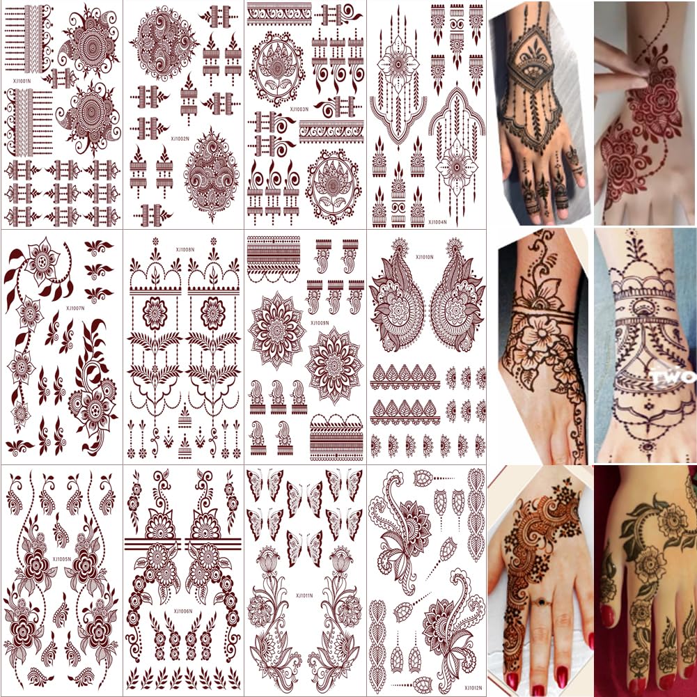 Xmasir 12-sheets henna tattoo pack shown with assorted brown designs for festive wear