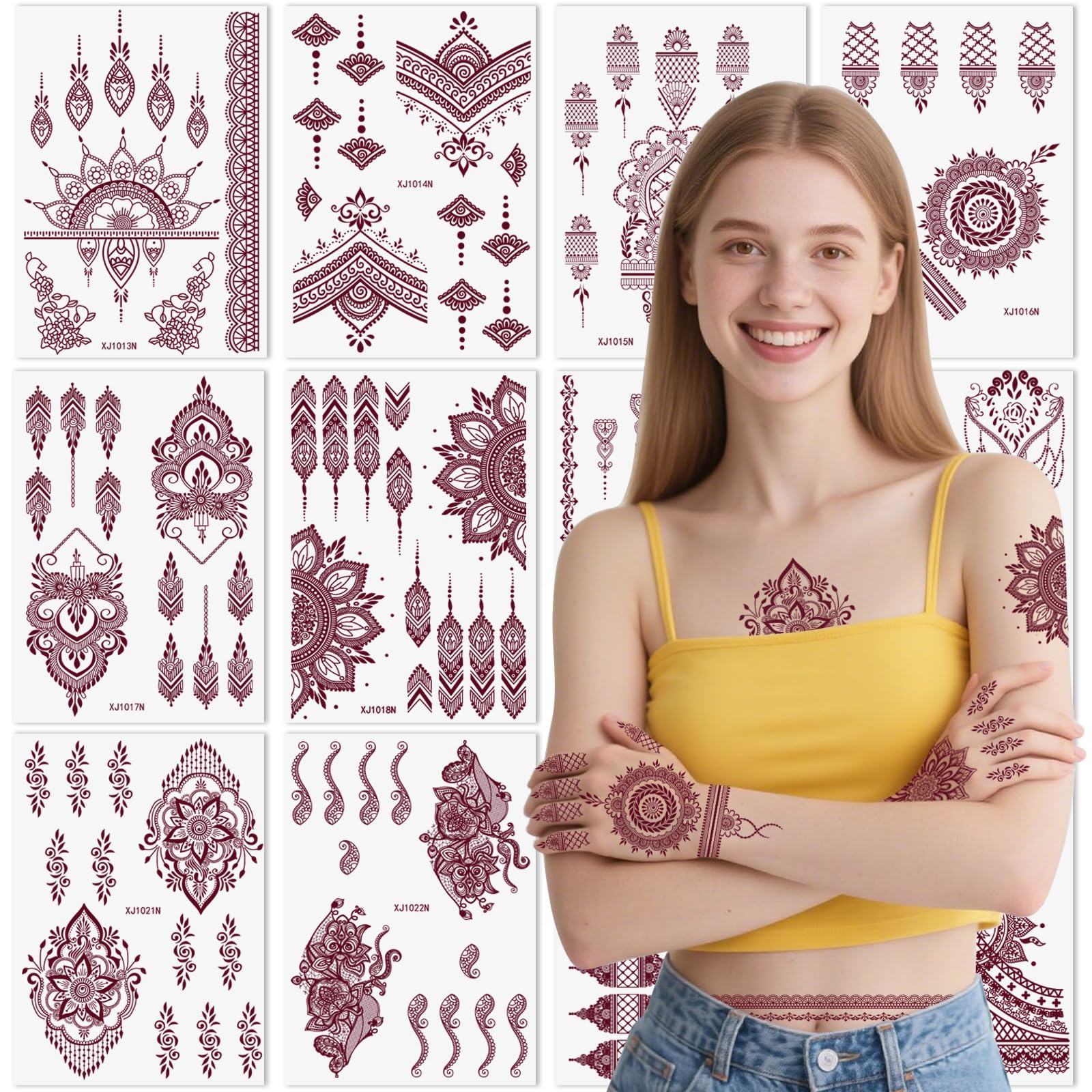 Xmasir kit henna marrón con 12 hojas para tatuajes temporales en piel.