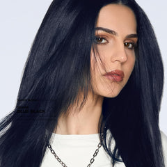 XMONDO Color Blue-Black gloss closeup highlights vibrant shine on hair.