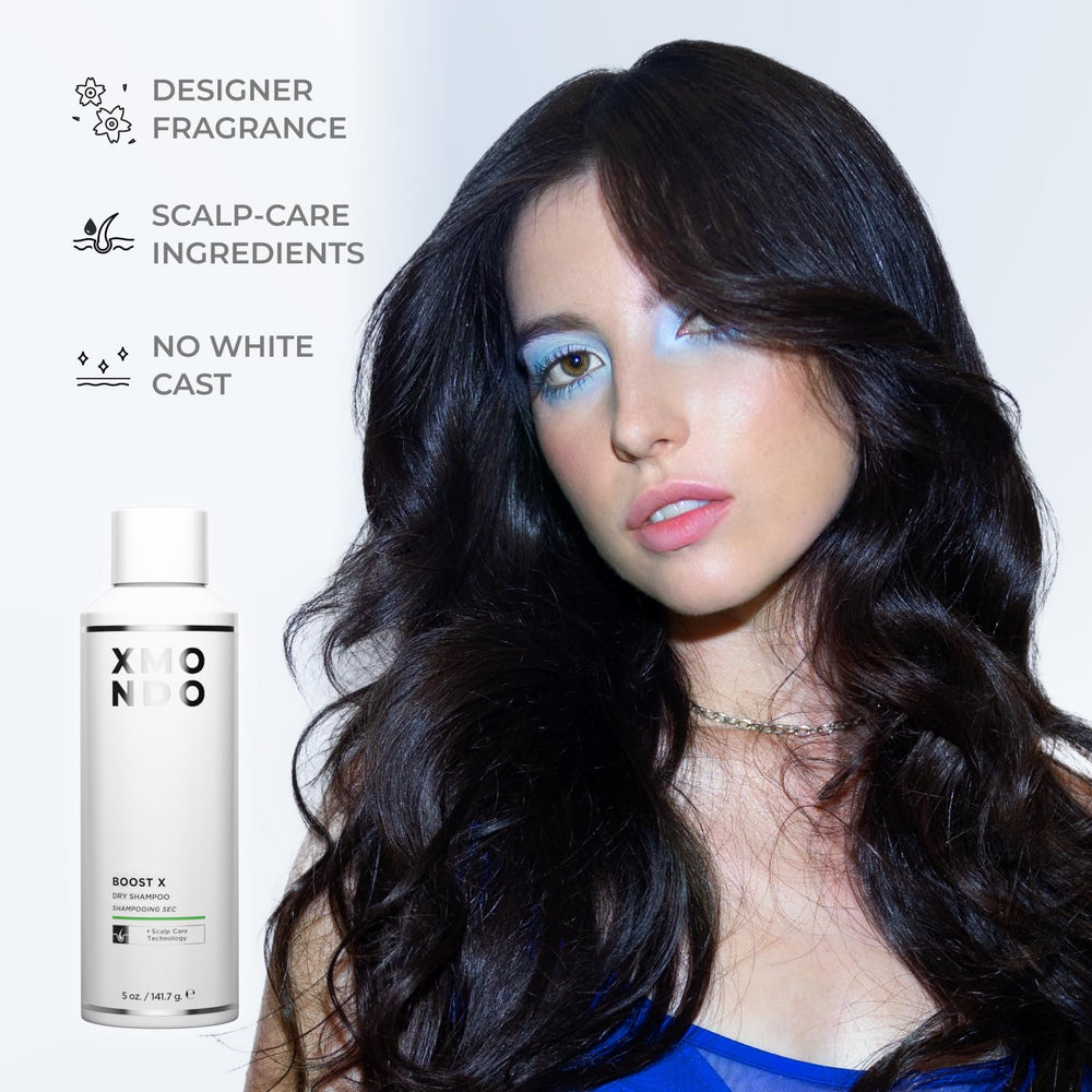 XMONDO Hair Boost X Dry Shampoo spray application cleanses roots and adds volume.