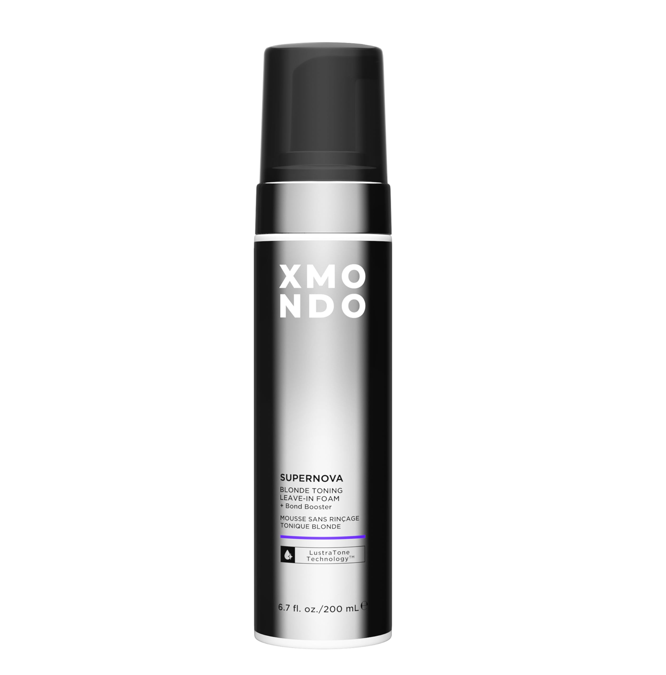 XMONDO Hair Supernova bottle close-up showing brassy-neutralizing formula for blondes