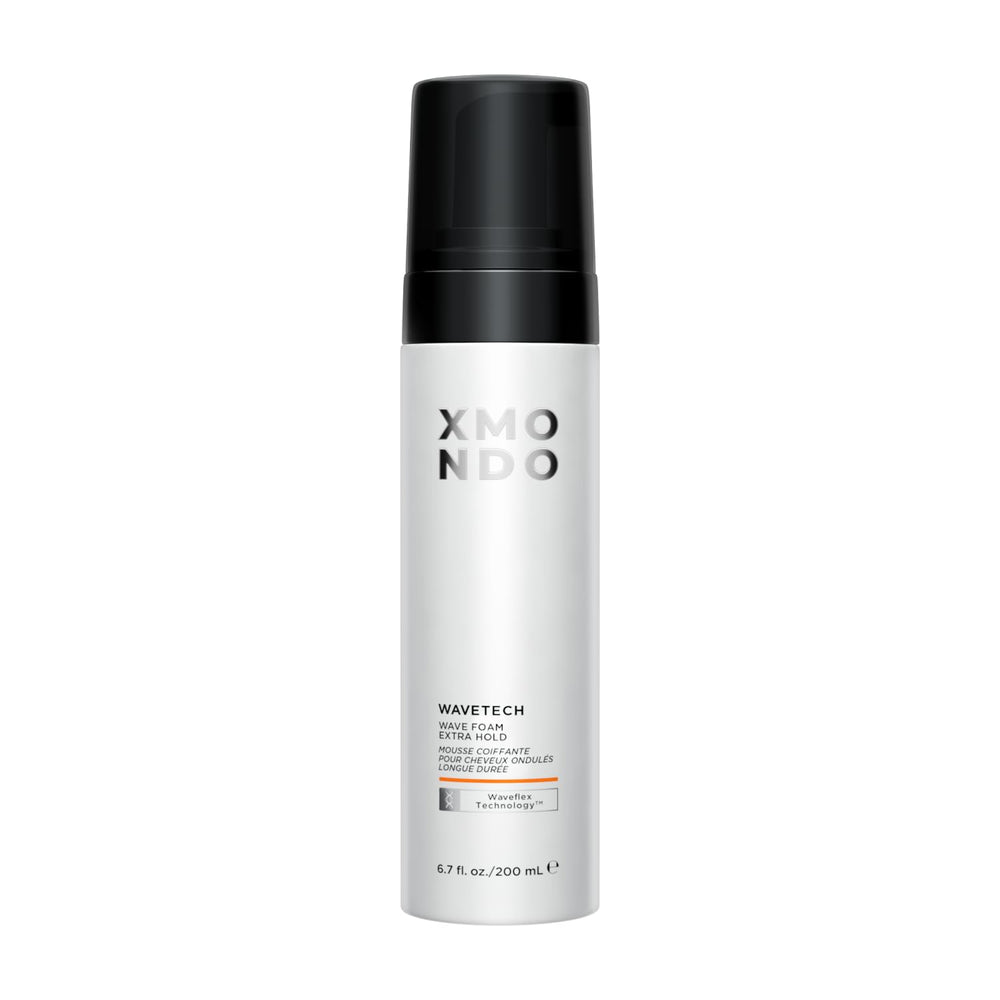 XMONDO Wavetech bottle close-up highlighting vegan formula and strong hold.