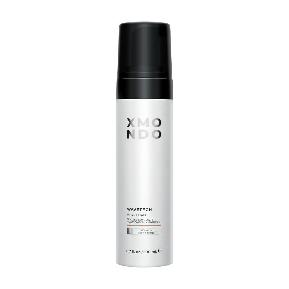 XMONDO Hair Wavetech foam bottle shows vegan formula for defined waves