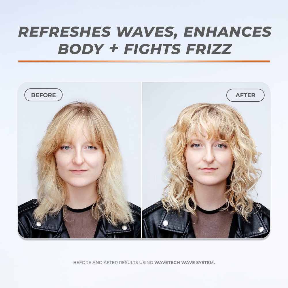 Close-up of hair showing defined waves after using Wavetech Mist.