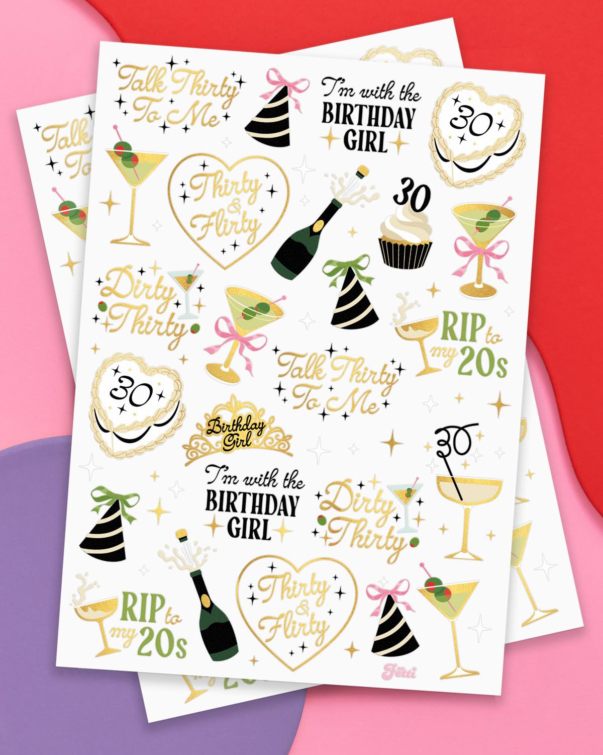 xo Fetti 30th birthday tattoos gold foil sheet 02, ideal for guest party favors.