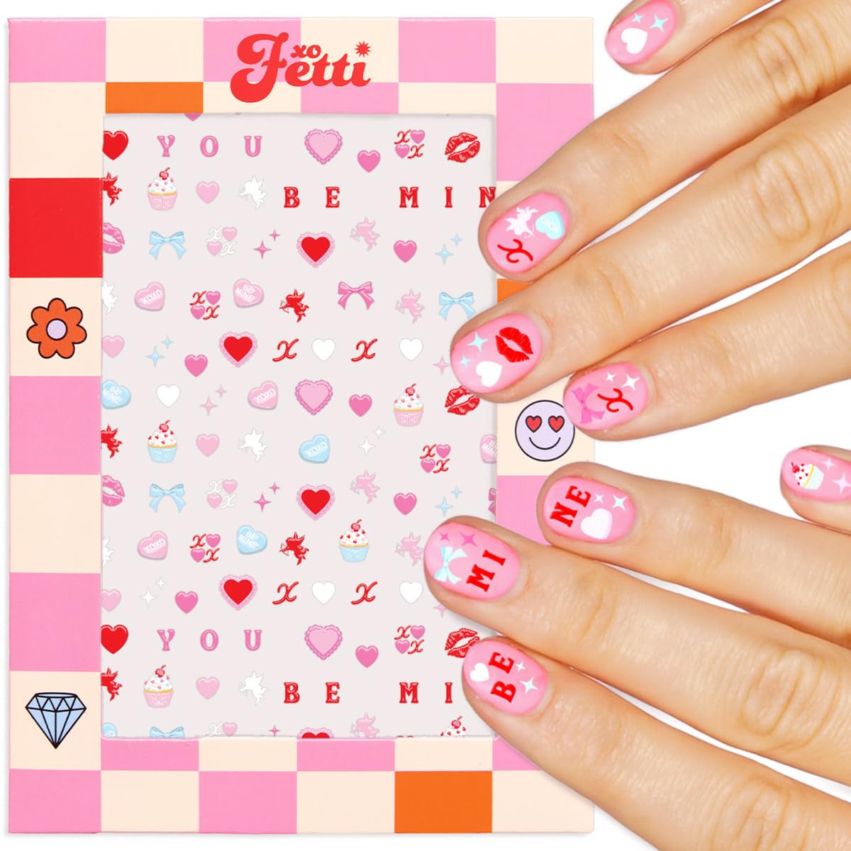 xo Fetti Be Mine pegatinas de uñas con corazones rosados para San Valentín.