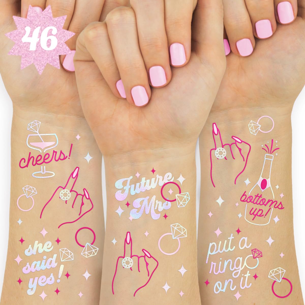 xo Fetti bride ring finger foil tattoo for festive bachelorette décor.