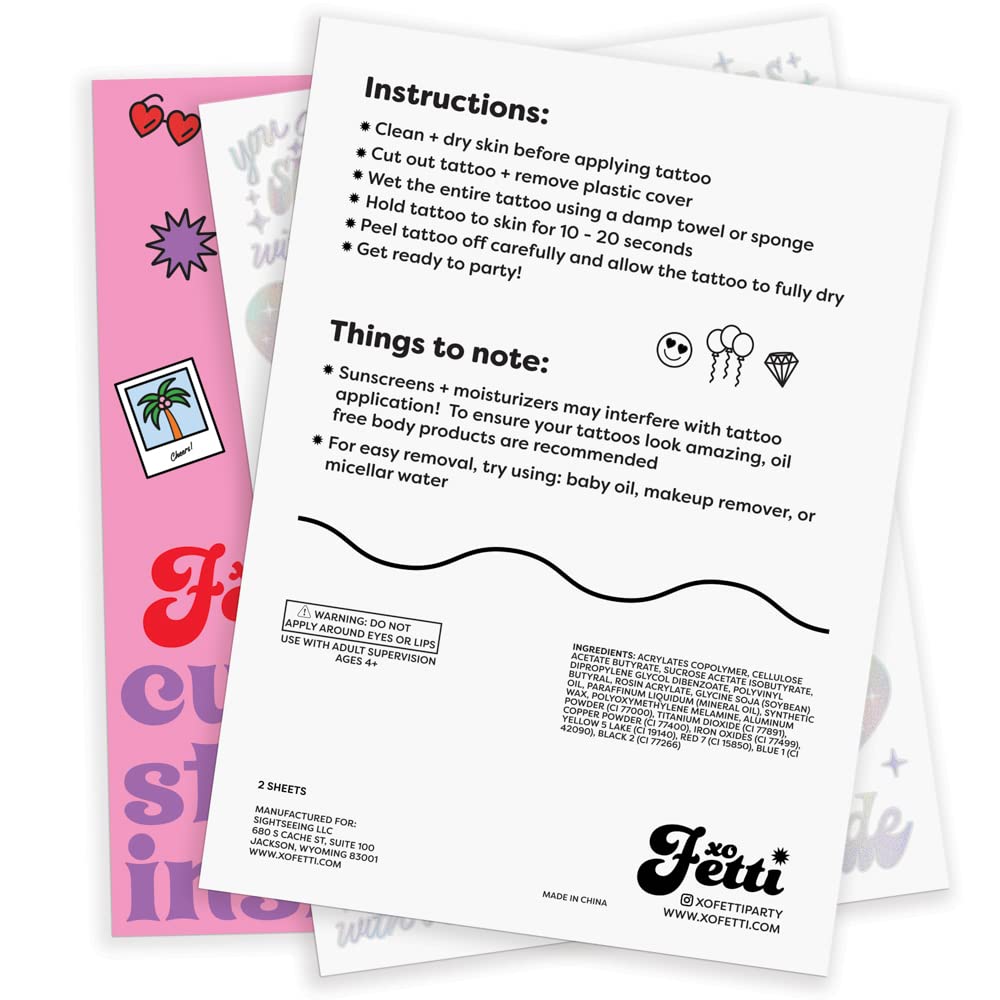 xo Fetti Cheers tattoo sheets measure 8.25 x 6 inches for flexible application