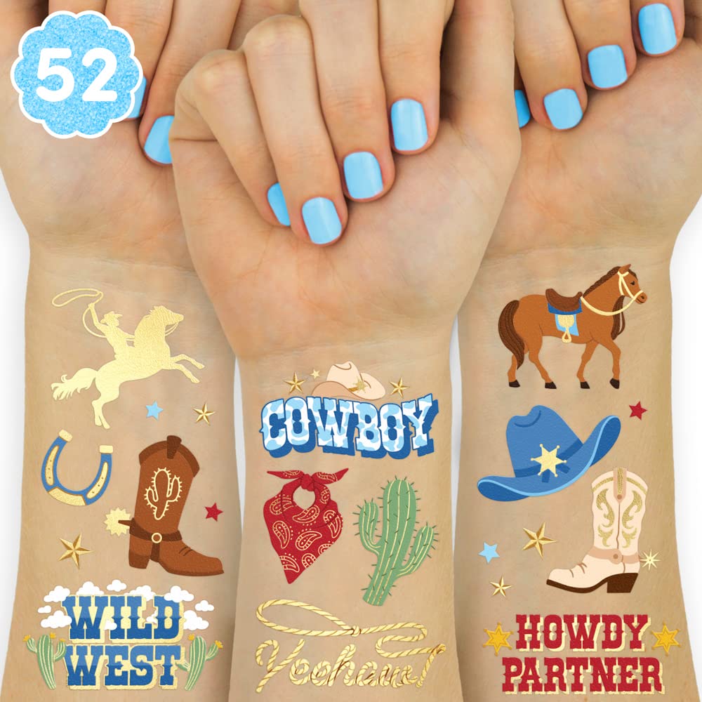 xo Fetti cowboy tattoos on two sheets, ideal for party favors.