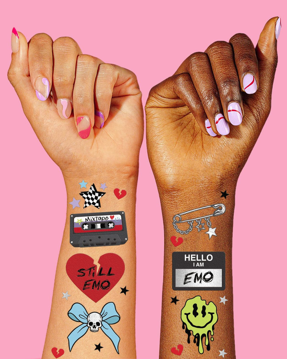 xo Fetti emo tattoos showing melting smileys for expressive flair and water-resistant wear.
