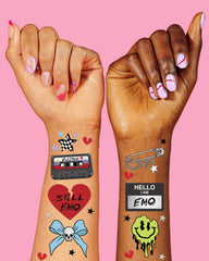 xo Fetti emo tattoos showing melting smileys for expressive flair and water-resistant wear.