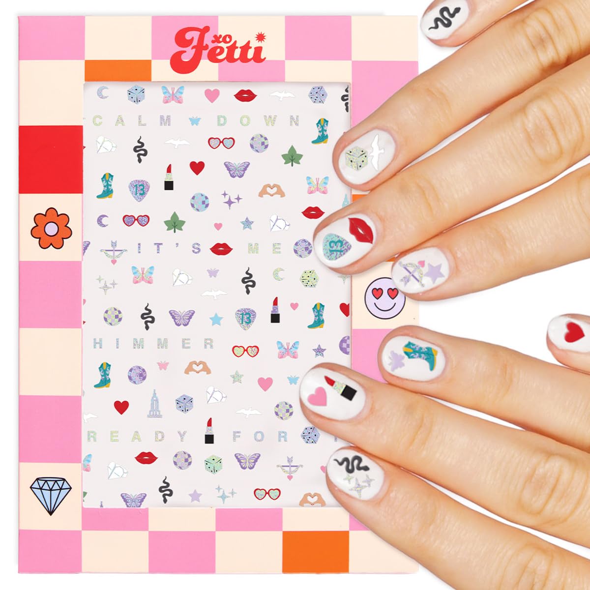 Pegatinas xo Fetti Era para uñas: cuatro hojas, ideal para manicura festiva.