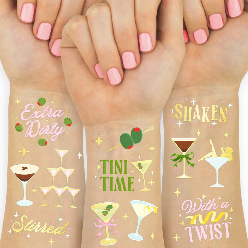 xo Fetti Extra Dirty Martini olive tattoo on skin for playful party flair