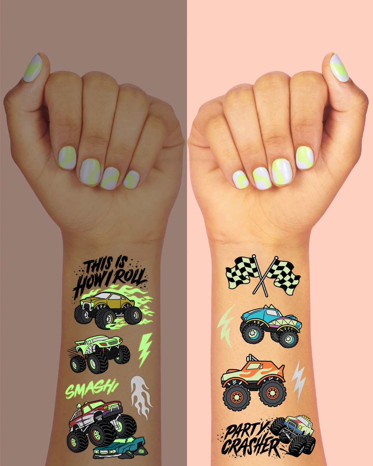 xo, Fetti glow-in-the-dark monster truck tattoo with dirt design for race themes
