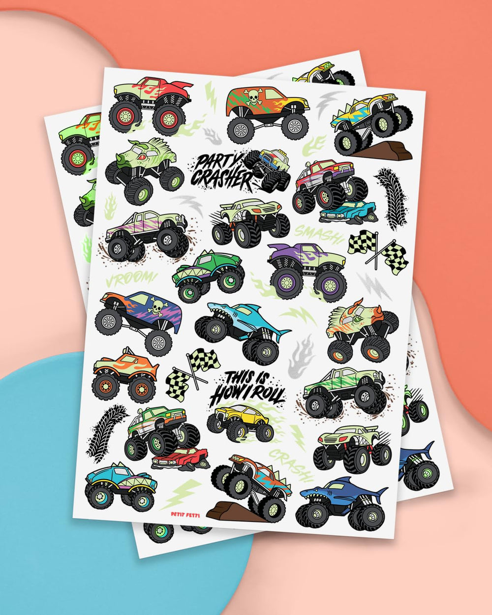 xo, Fetti glow-in-the-dark monster truck tattoo with flag designs for kids' crafts