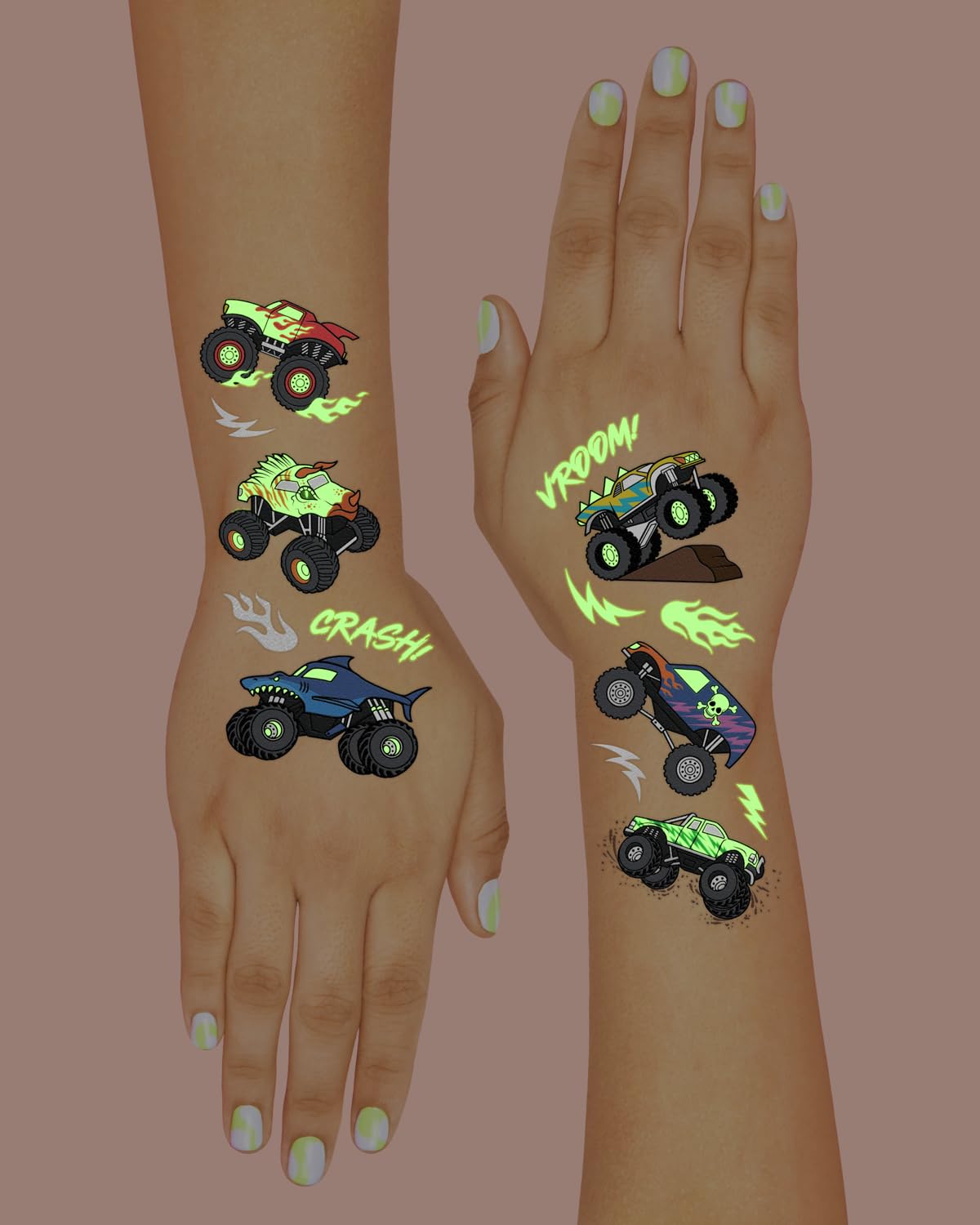 xo, Fetti glow-in-the-dark monster truck tattoo with flame designs for high-energy parties