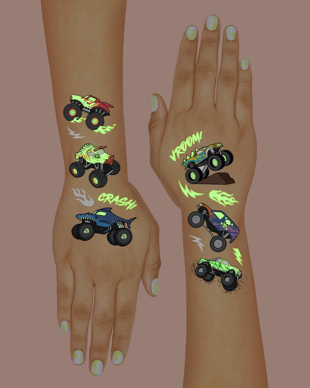 xo, Fetti glow-in-the-dark monster truck tattoo with flame designs for high-energy parties