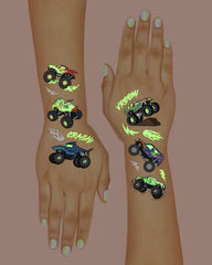 xo, Fetti glow-in-the-dark monster truck tattoo with flame designs for high-energy parties