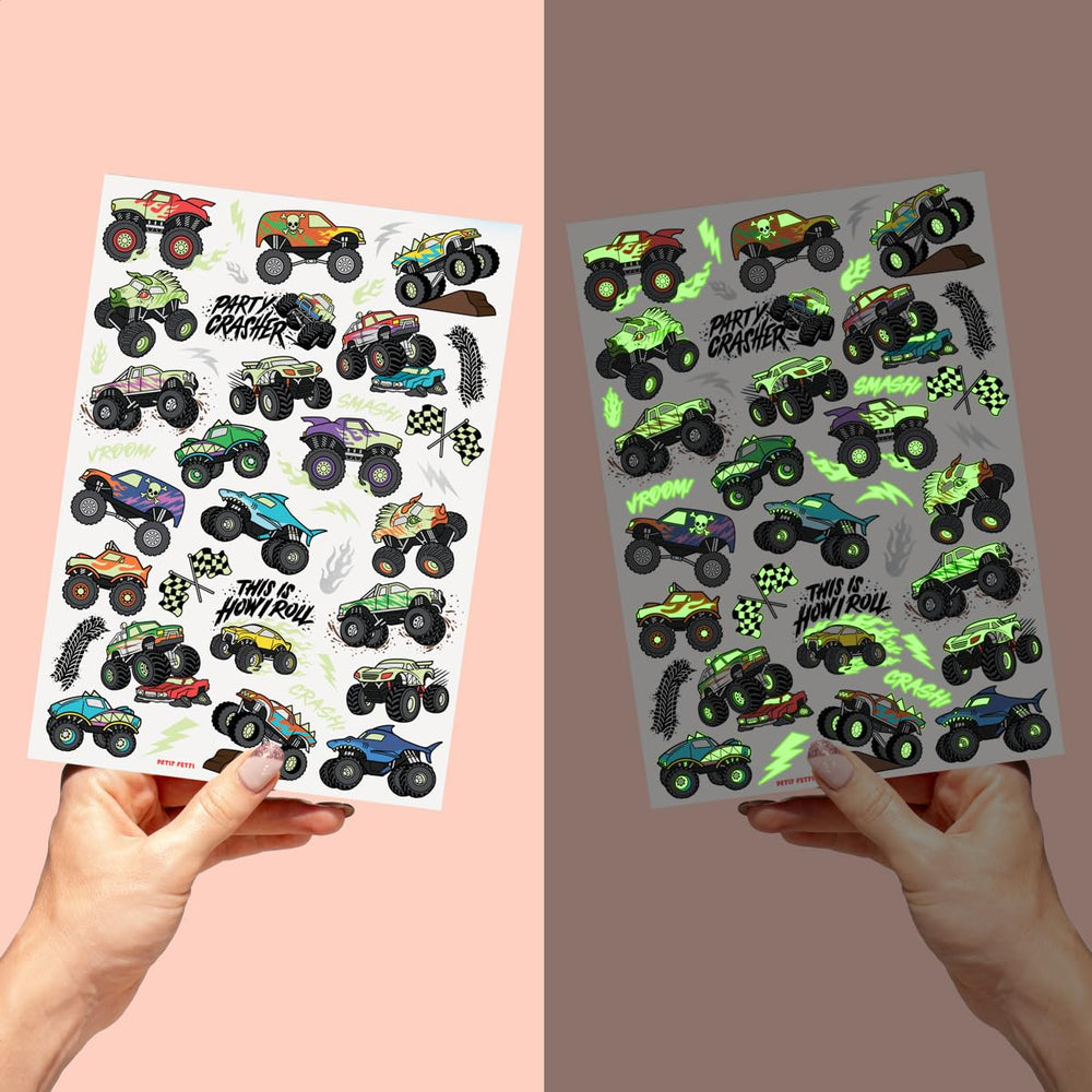 xo, Fetti glow-in-the-dark monster truck tattoo on metallic foil sheet for crafts