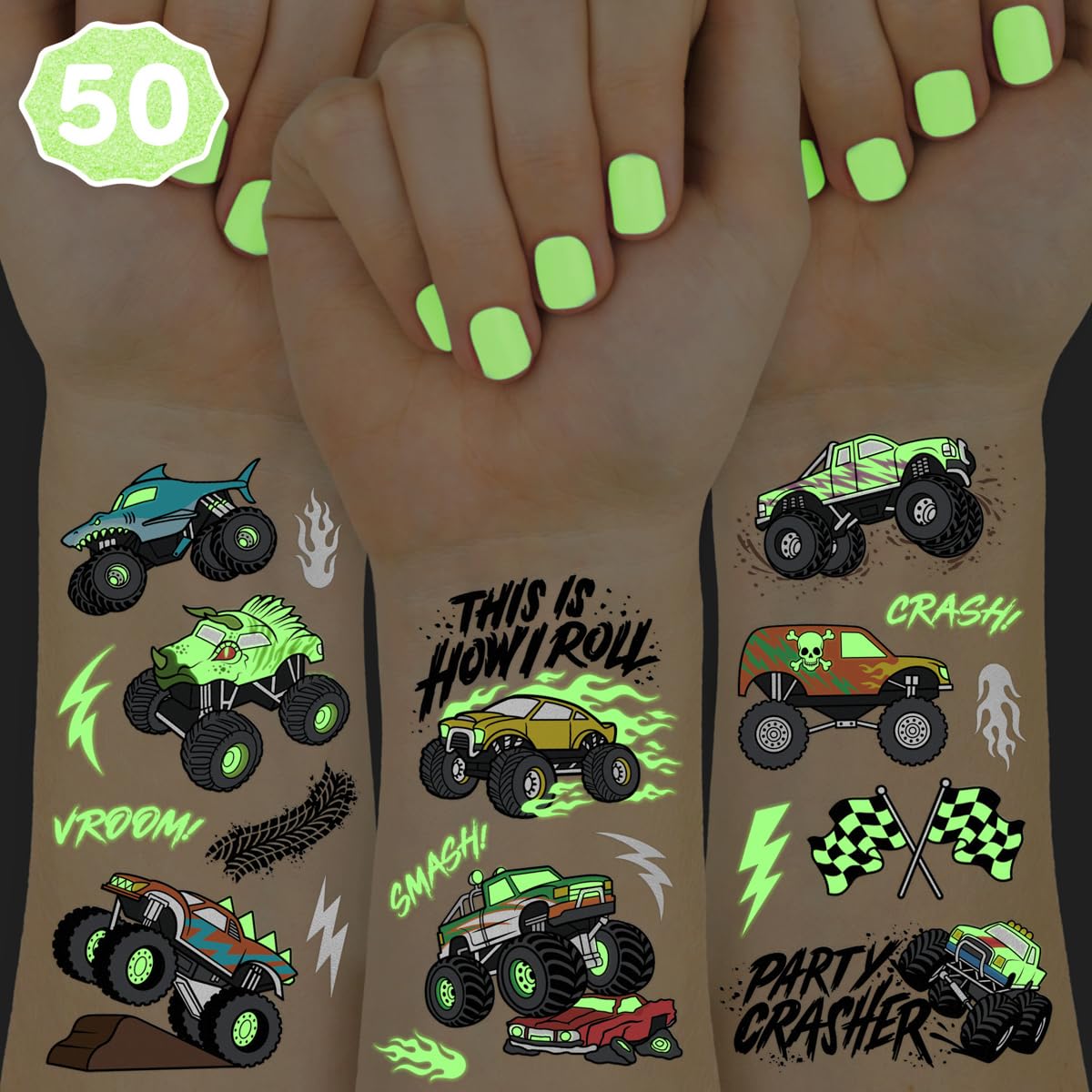 xo, Fetti glow-in-the-dark monster truck tattoo with race track designs for party favors