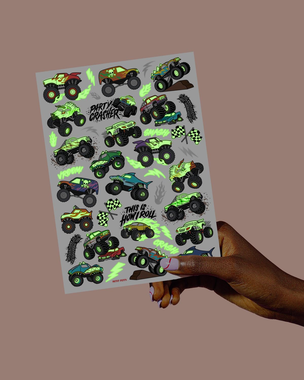 xo, Fetti glow-in-the-dark monster truck tattoo close-up sheet view