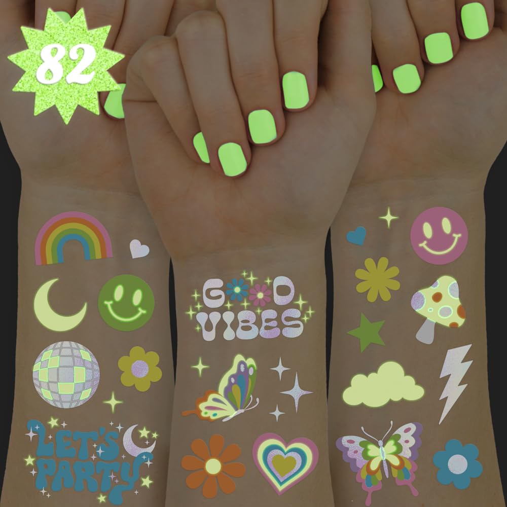 xo, Fetti glow tattoo sheets with 82 iridescent designs for festive party decor.
