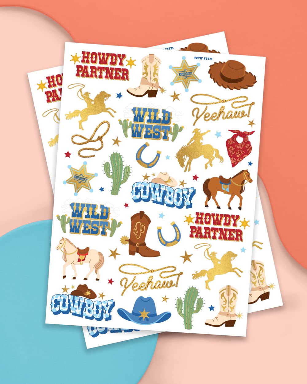 xo Fetti gold-foil hat tattoo adds a shiny rodeo accent for kids.