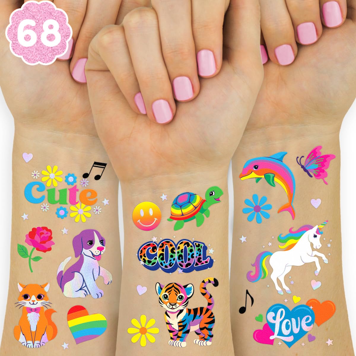 xo Fetti neon rainbow tiger and dolphin tattoos with iridescent foil for party fun