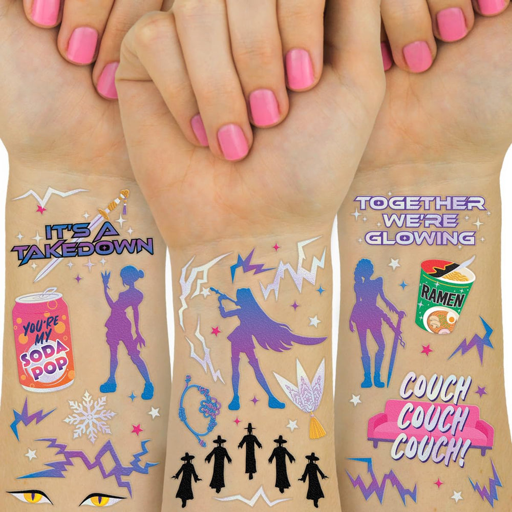 xo Fetti Pop Star Tattoos with iridescent foil create a purple glow on skin