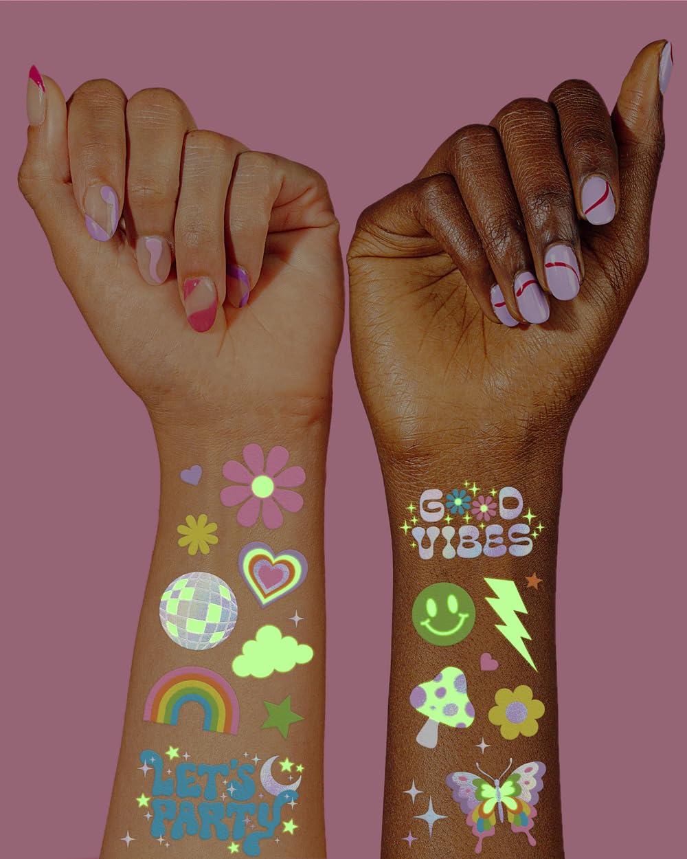 xo, Fetti rainbow foil tattoos add bright color and shimmer to skin.