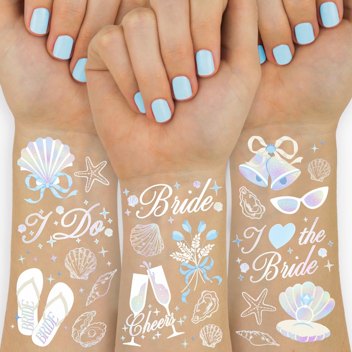xo, Fetti seashells and wedding bells tattoos on the wrist for coastal glow in photos.