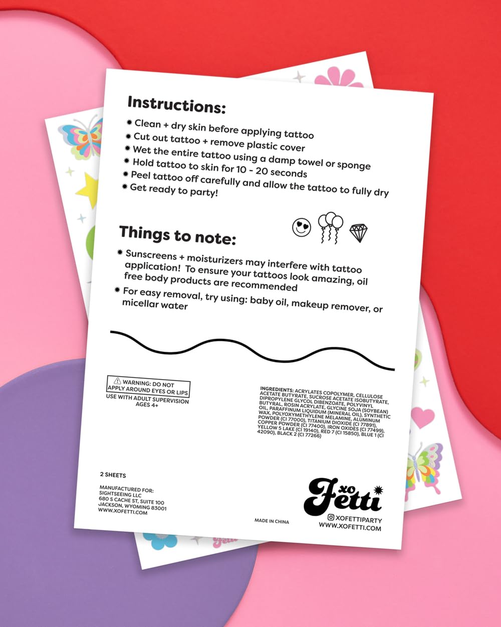 xo, Fetti tattoo application instructions for quick, easy decorating at parties.