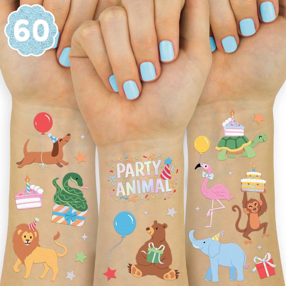 xo, Fetti foil tattoo sheets display with safari designs for parties