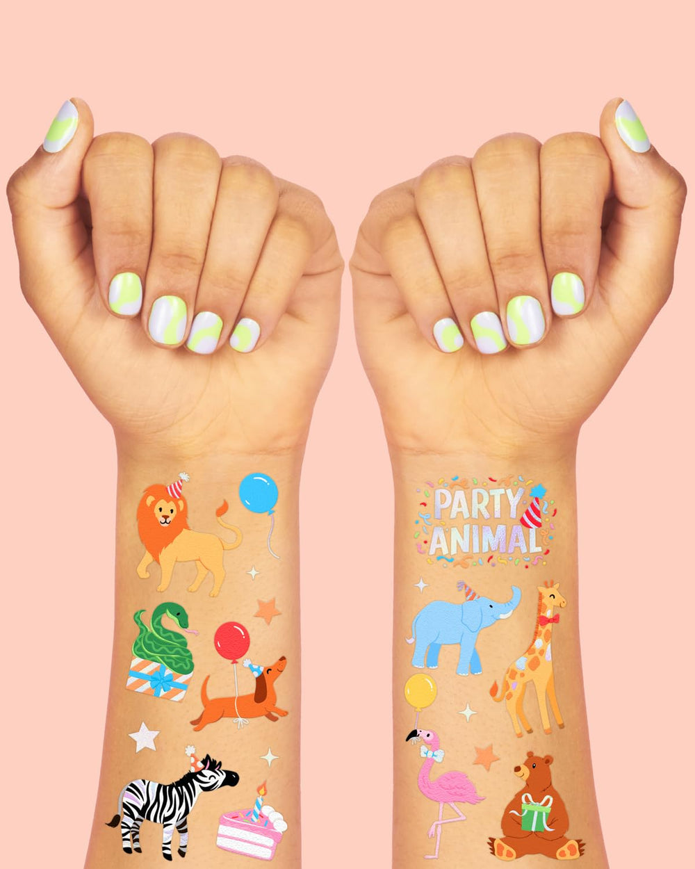 xo, Fetti giraffe foil tattoo close-up in vibrant colors