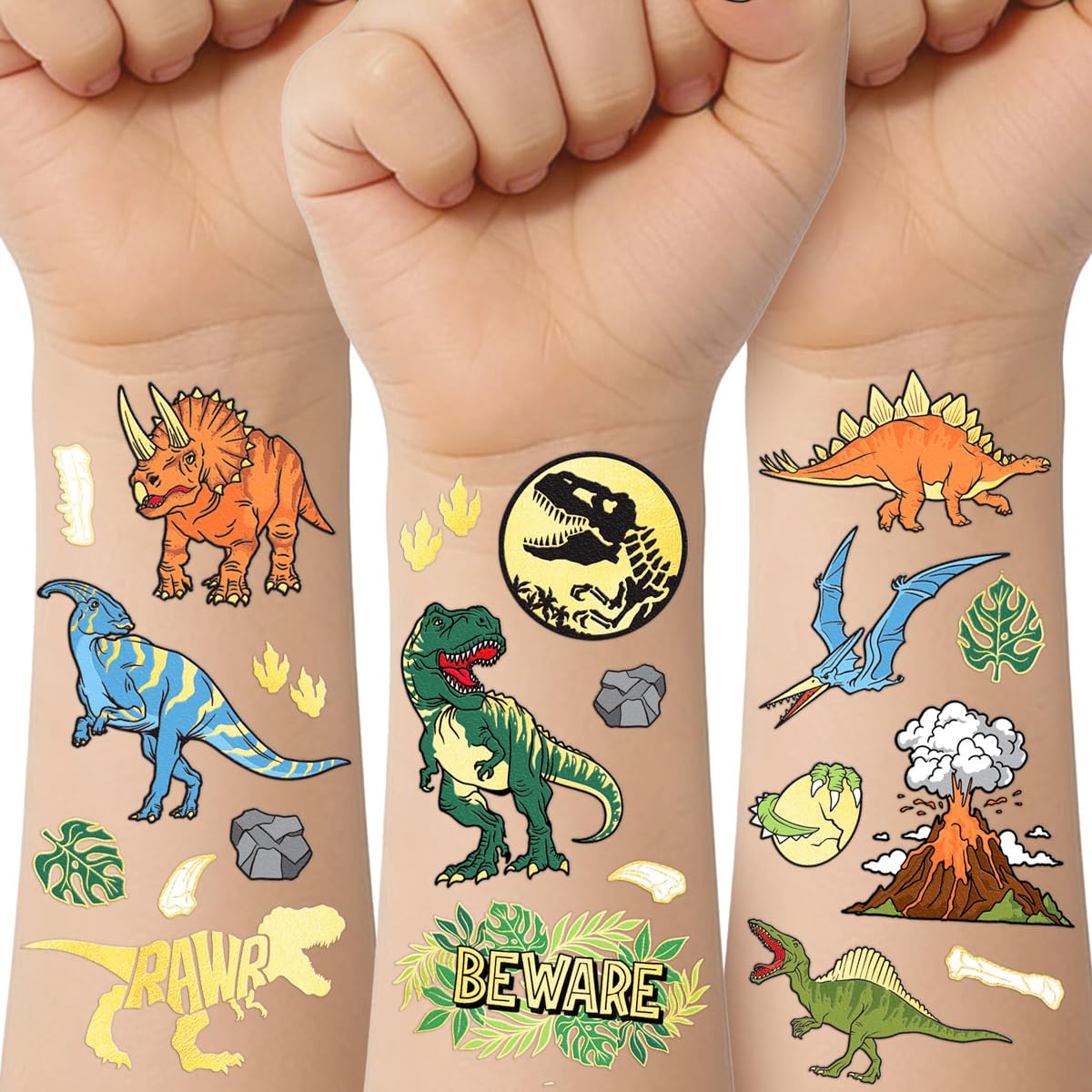 Tatuaje xo Fetti T-Rex dorado para fiesta duradera y divertida.