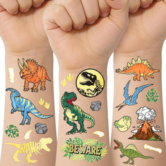 Tatuaje xo Fetti T-Rex dorado para fiesta duradera y divertida.