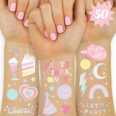 Tatuaje temporal xo Fetti arcoíris pastel con foilado, ideal para decoraciones de fiesta.