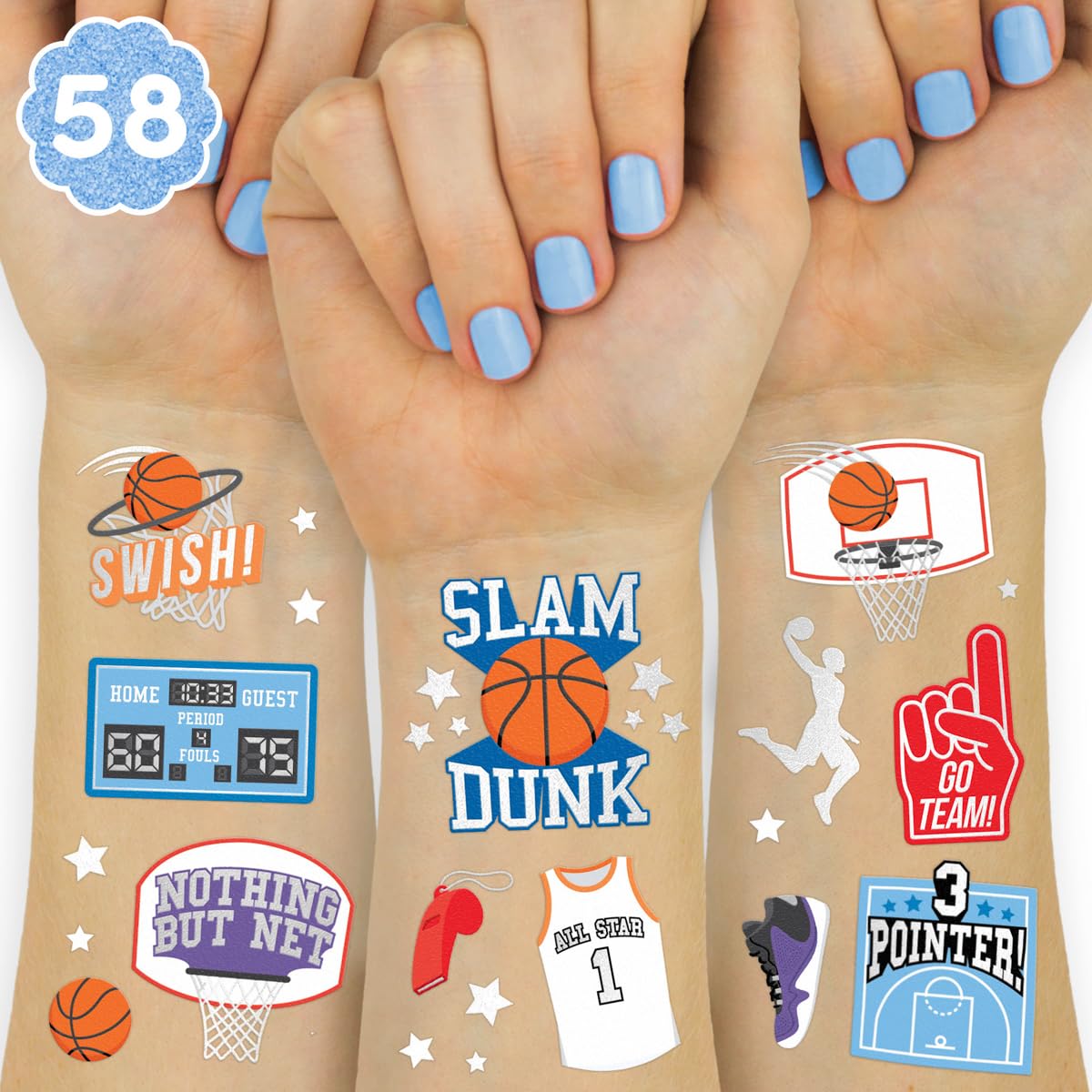 Tatuaje xo Fetti temporal en metalizados para basquetbol, diseño variado, ideal para fiestas.