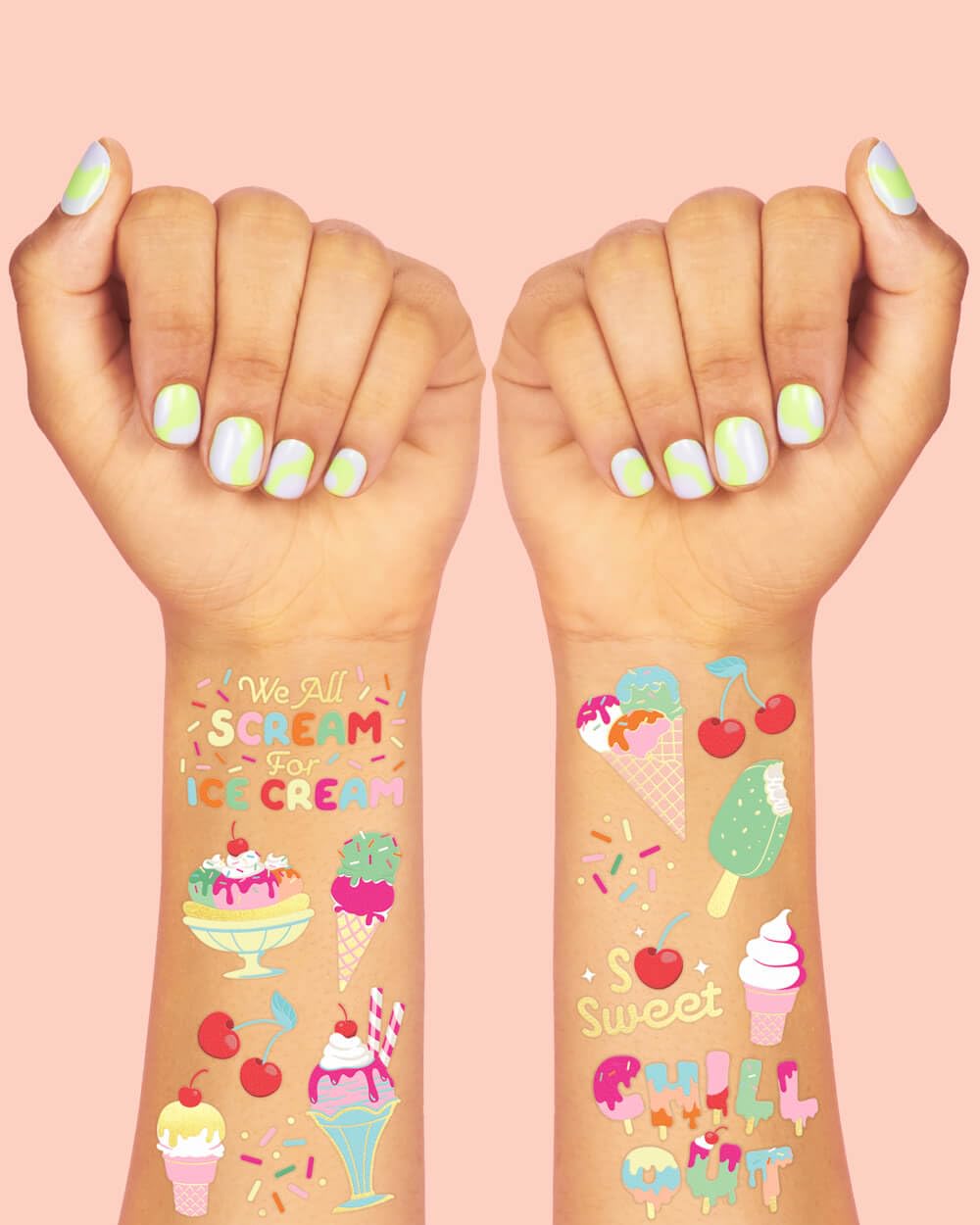 Tatuajes temporales xo, Fetti copas de helado con colores para celebración