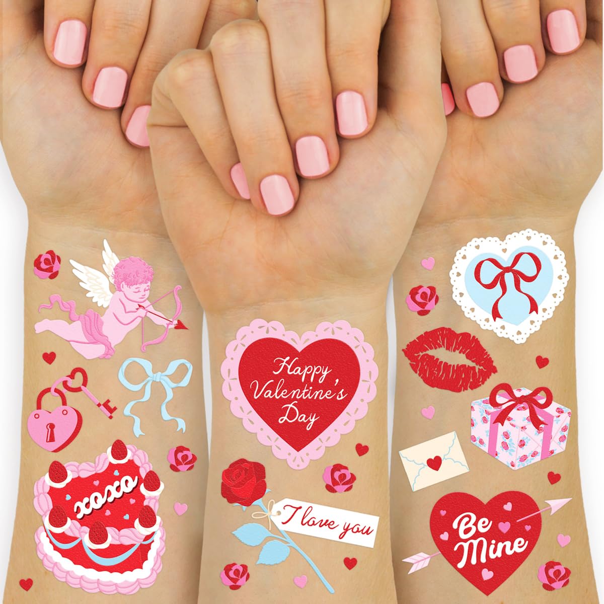 Tatuajes temporales XO Fetti con corazones rosados para muñecas y fotos