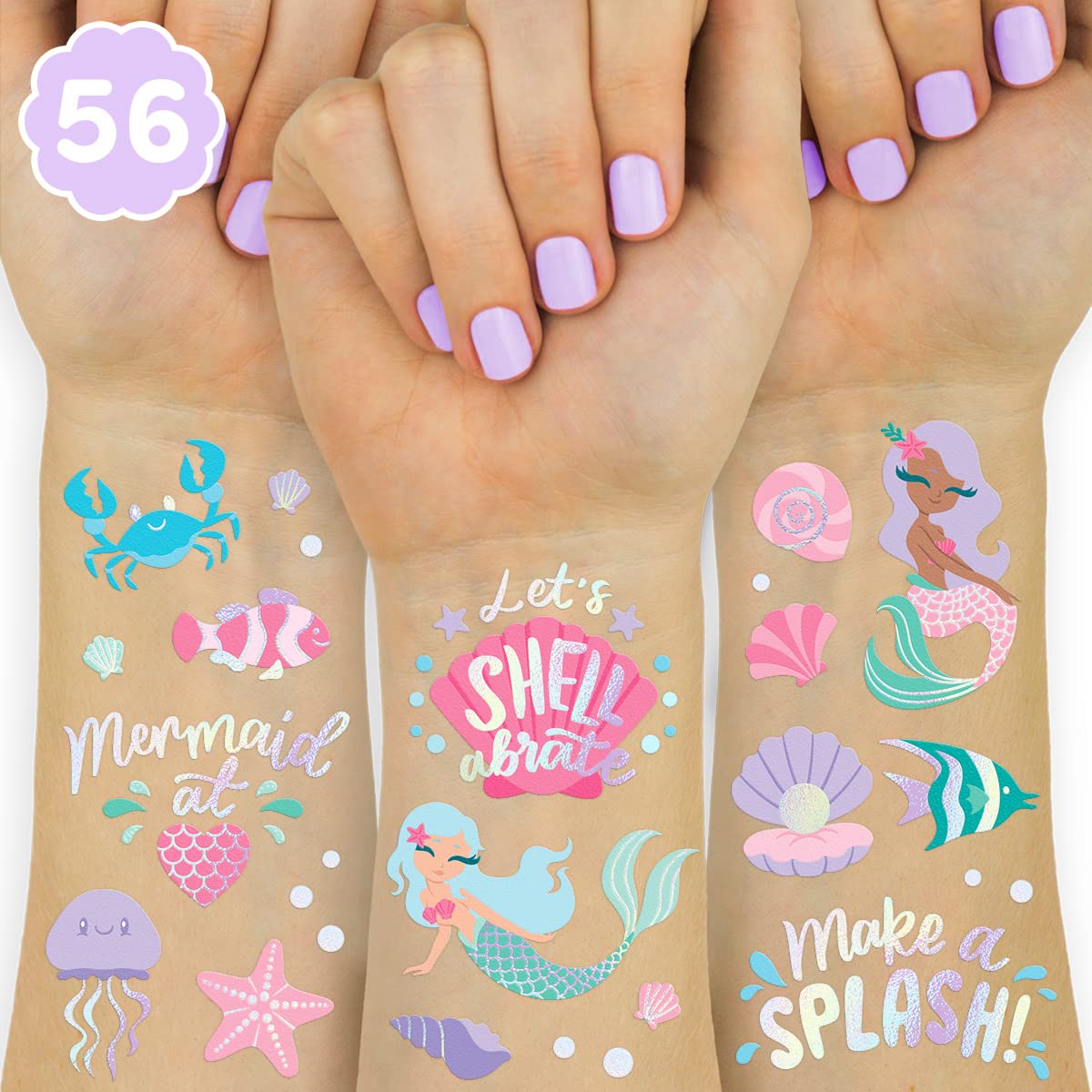 xo, Fetti under the sea mermaid foil tattoo designs applied on skin for a sparkling party look