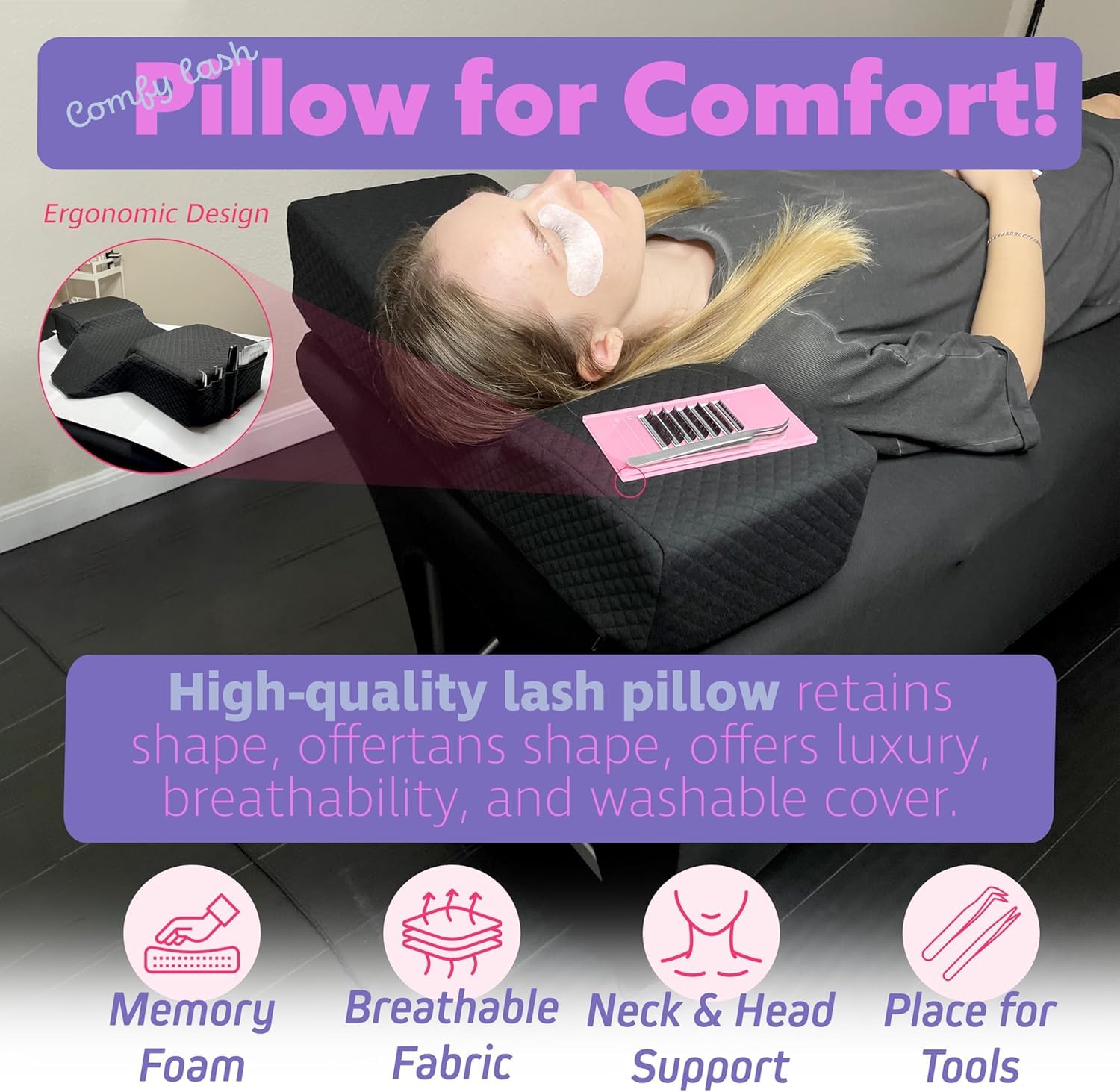 XOLLOZ Lash Pillow curved design fits curved lash beds for comfort.